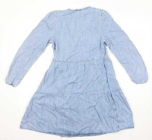 M&S Girls Blue Cotton Wrap Dress Size 12-13 Years V-Neck Tie