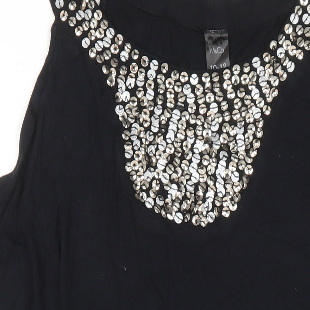 M&Co Womens Black Viscose Tunic Tank Size 10 Boat Neck - Sequin Detail