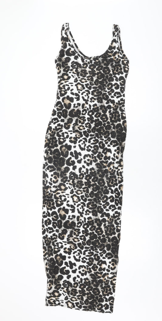 Boohoo Womens White Animal Print Polyester Bodycon Size 6 Scoop Neck Pullover