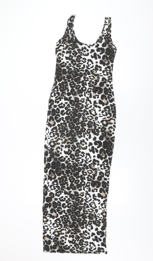 Boohoo Womens White Animal Print Polyester Bodycon Size 6 Scoop Neck Pullover