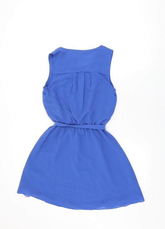 Warehouse Womens Blue Polyester Skater Dress Size 6 V-Neck Pullover