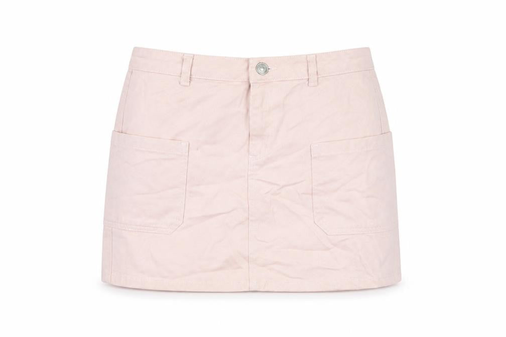 Front view of BDG women’s pink cotton mini skirt, size S, zip