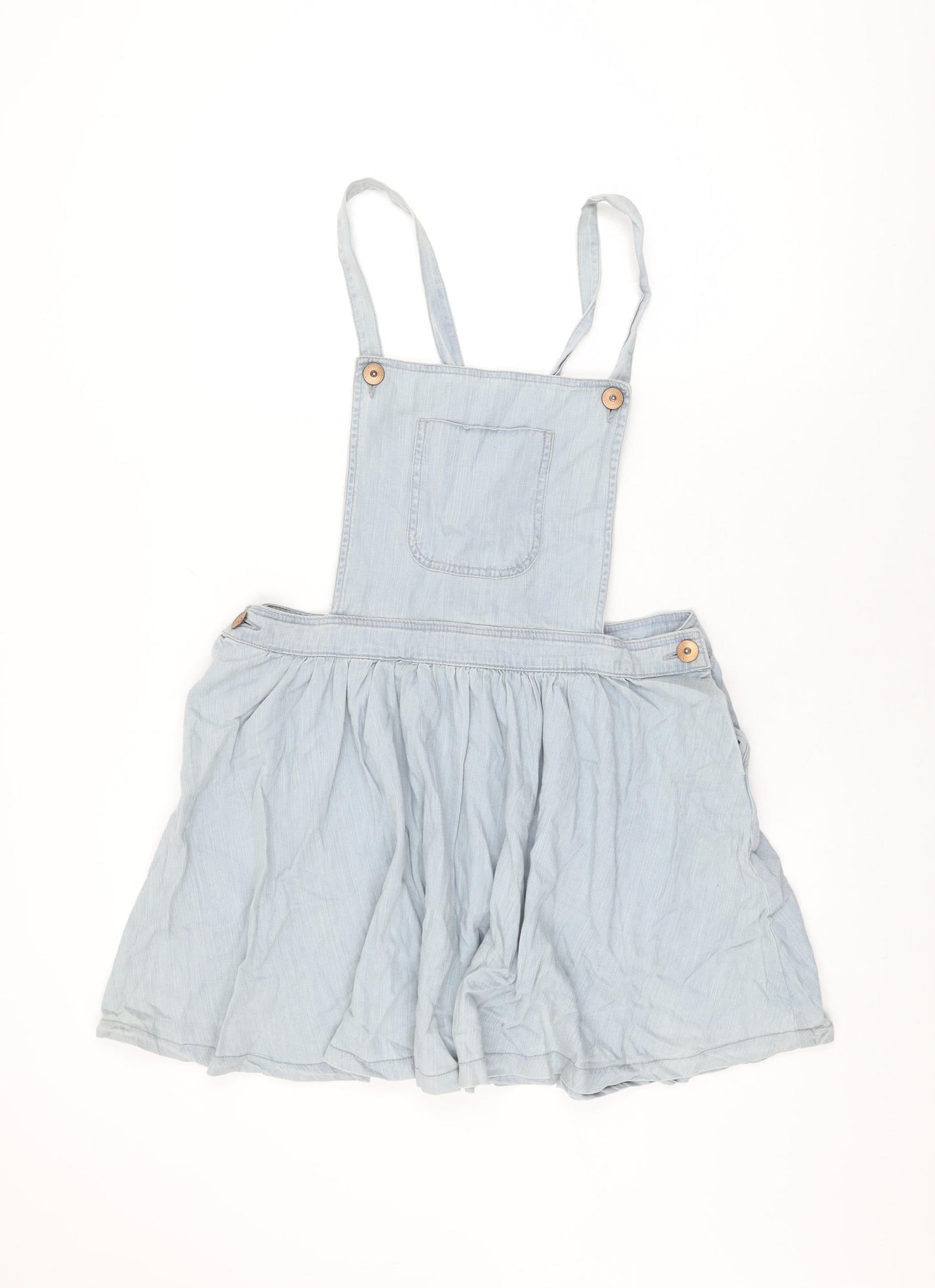 Denim & Co. Womens Blue Cotton Pinafore/Dungaree Dress Size 14 Square Neck Button
