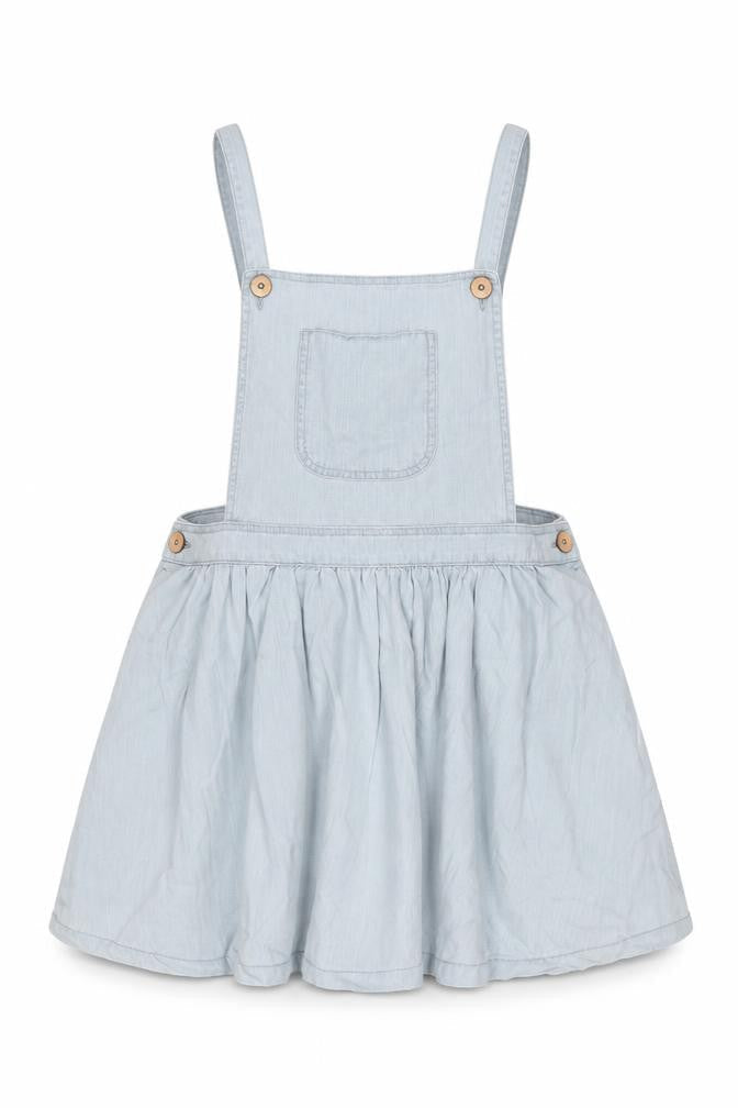 Front view of Denim & Co. women’s blue cotton pinafore/dungaree dress, size UK 14, square neck button