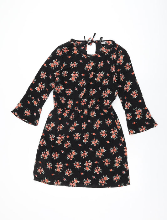 H&M Womens Black Floral Polyester Skater Dress Size 6 Round Neck Tie