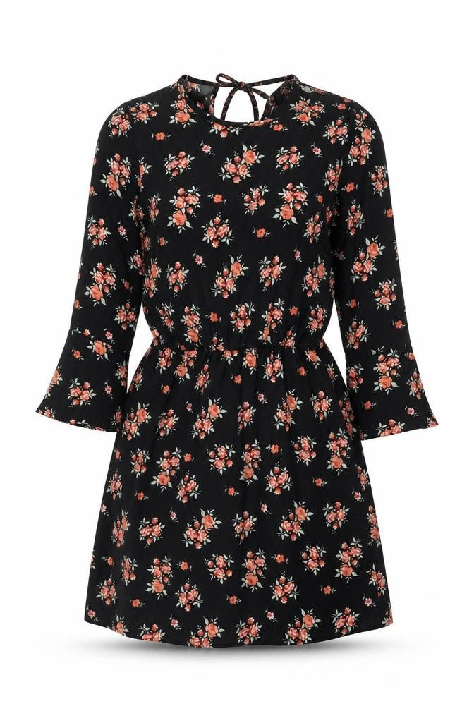 H&M Womens Black Floral Polyester Skater Dress Size 6 Round Neck Tie