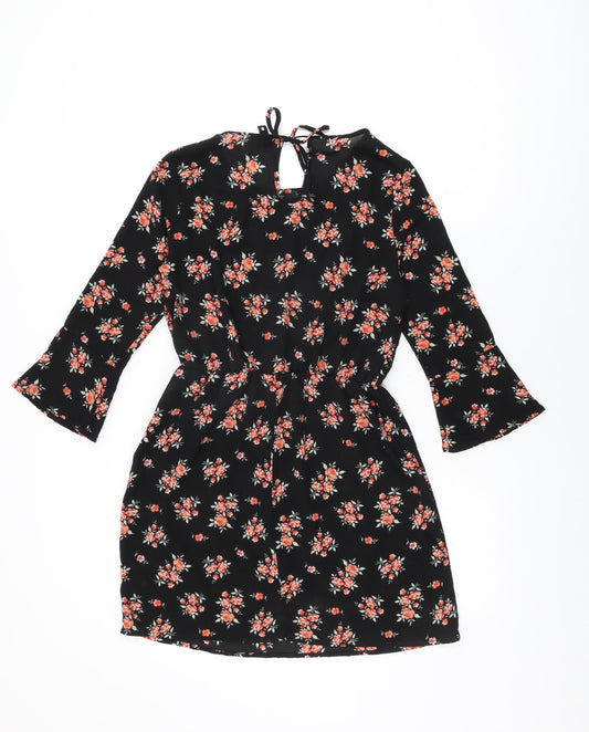 H&M Womens Black Floral Polyester Skater Dress Size 6 Round Neck Tie