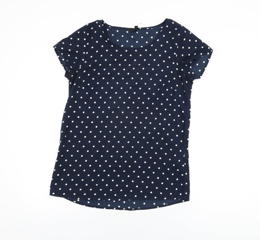 VERO MODA Womens Blue Polka Dot Polyester Basic T-Shirt Size S Round Neck