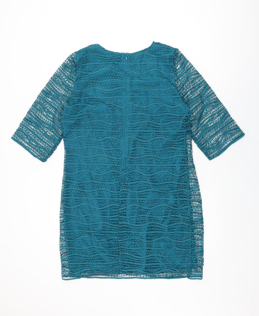 Mango Womens Blue Geometric Polyester Shift Size M Round Neck Zip