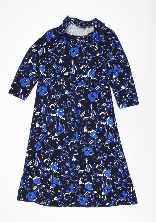 Isle Womens Blue Floral Polyester A-Line Size 14 High Neck Pullover