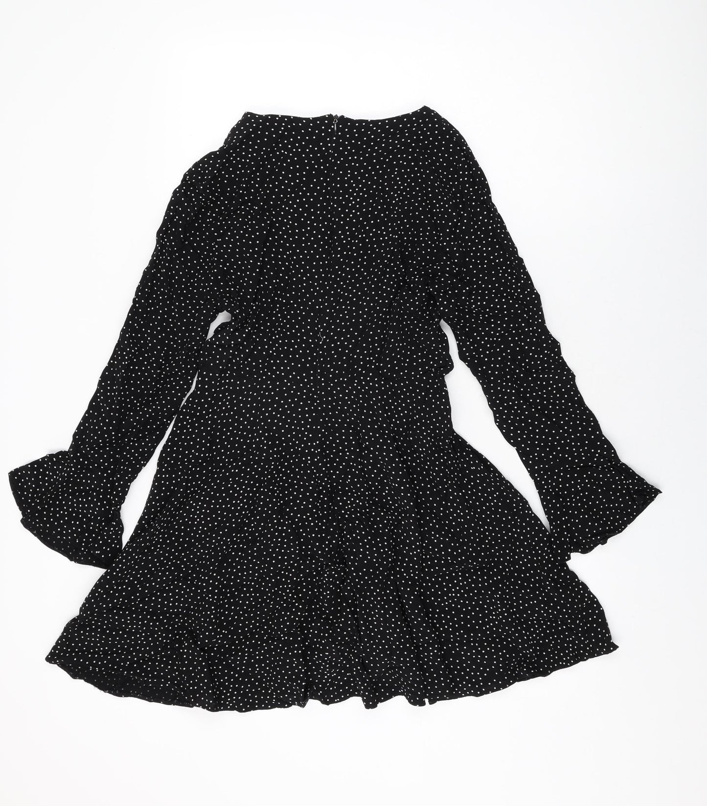 New Look Womens Black Polka Dot Viscose Skater Dress Size 12 Round Neck Zip