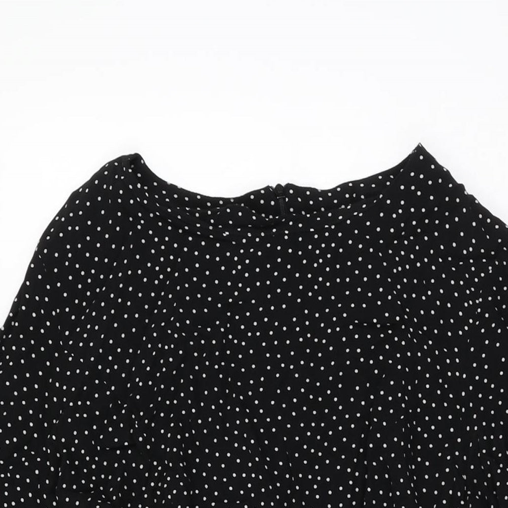 New Look Womens Black Polka Dot Viscose Skater Dress Size 12 Round Neck Zip