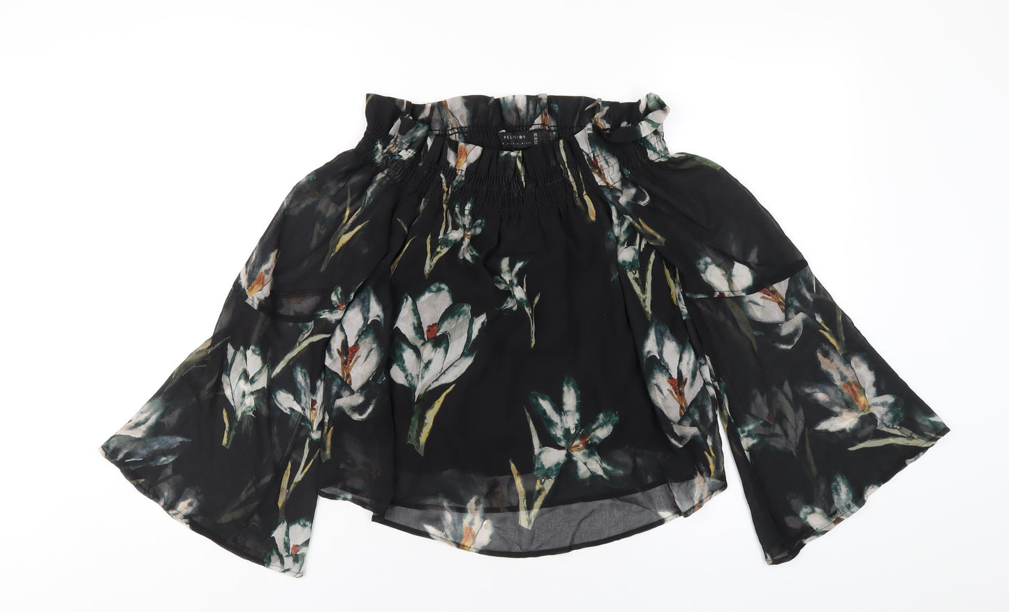 Religion Womens Black Floral Polyester Basic T-Shirt Size 8 Off the Shoulder