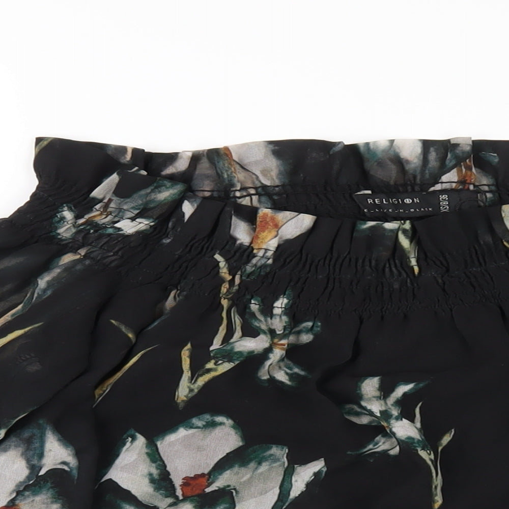 Religion Womens Black Floral Polyester Basic T-Shirt Size 8 Off the Shoulder