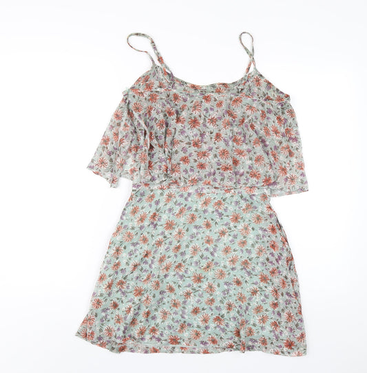 Boohoo Womens Green Floral Polyester A-Line Size 10 Scoop Neck Zip