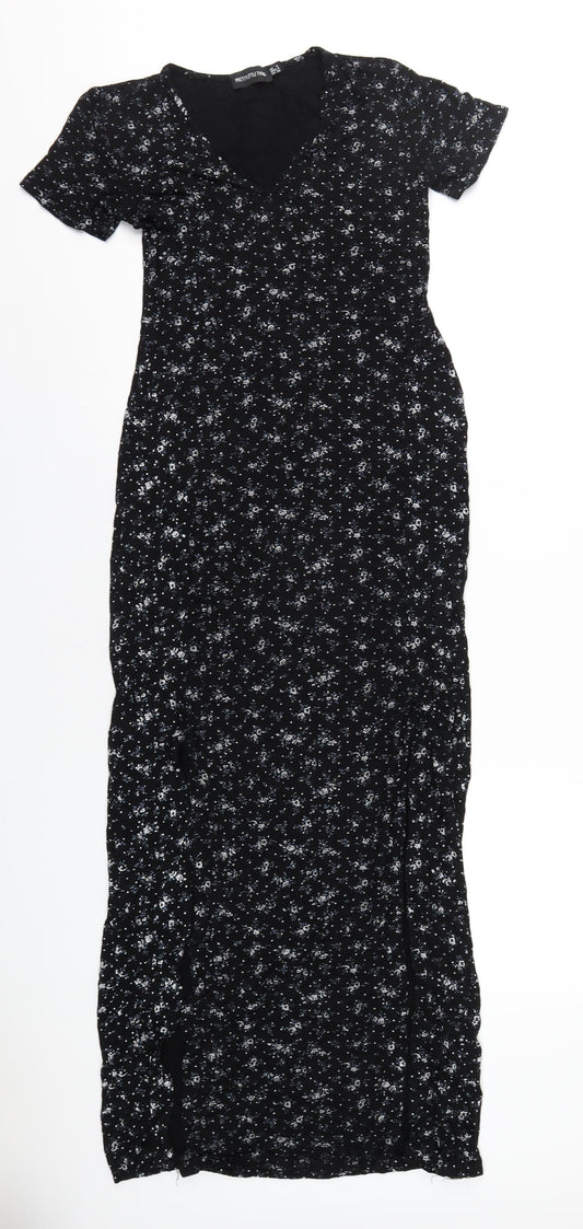 PRETTYLITTLETHING Womens Black Floral Viscose Maxi Size 8 V-Neck Pullover