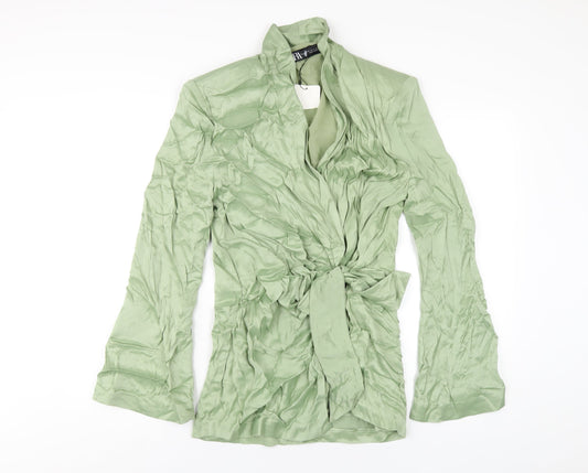 Zara Womens Green Viscose Jacket Dress Size M V-Neck Button