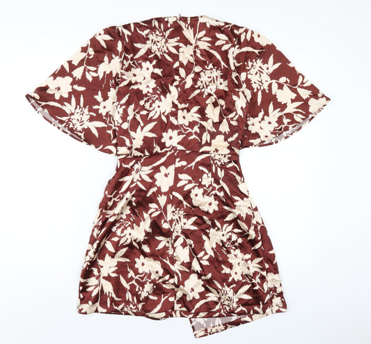 Zara Womens Brown Geometric Polyester A-Line Size S V-Neck Zip