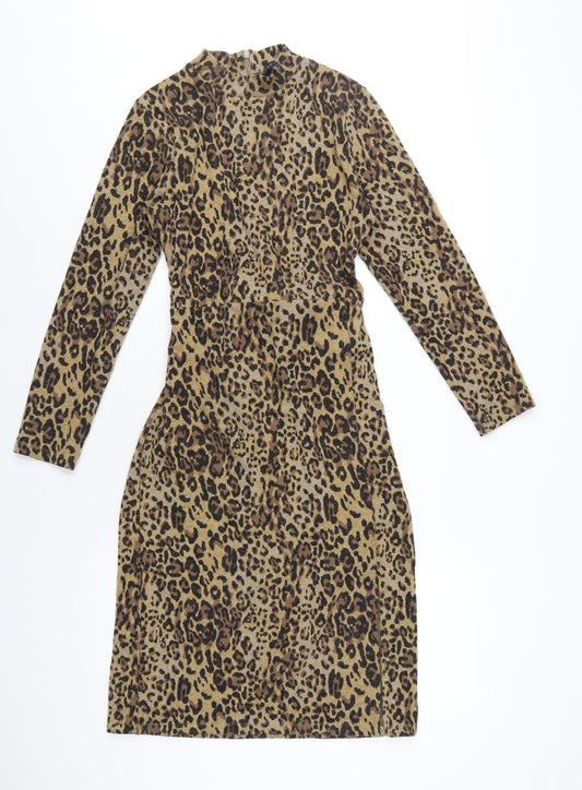 Marks and Spencer Womens Brown Animal Print Polyester A-Line Size 8 Mock Neck Zip