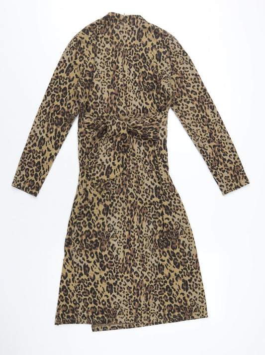 Marks and Spencer Womens Brown Animal Print Polyester A-Line Size 8 Mock Neck Zip