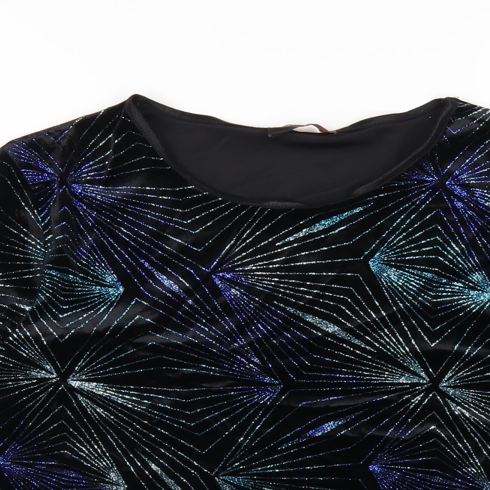 Anna Rose Womens Black Geometric Polyester Basic T-Shirt Size L Round Neck