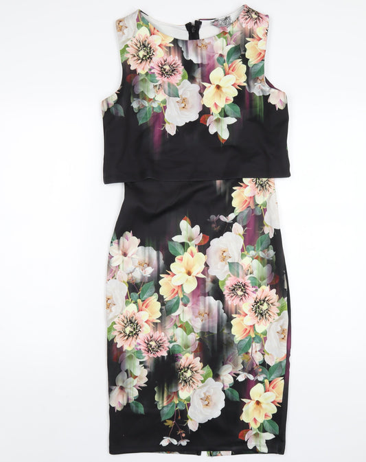 Lipsy Womens Multicoloured Floral Polyester Bodycon Size 10 Round Neck Zip