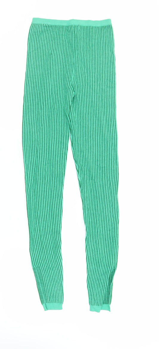 PRETTYLITTLETHING Womens Green Striped Viscose Carrot Leggings Size S L32 in - Elasticated Waist