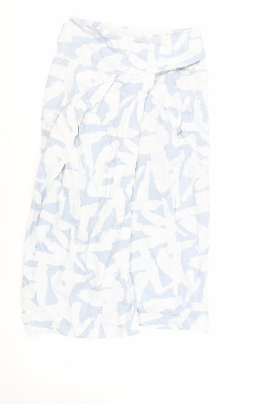 OSKA Womens Blue Geometric Linen Wrap Skirt Size 12 Tie