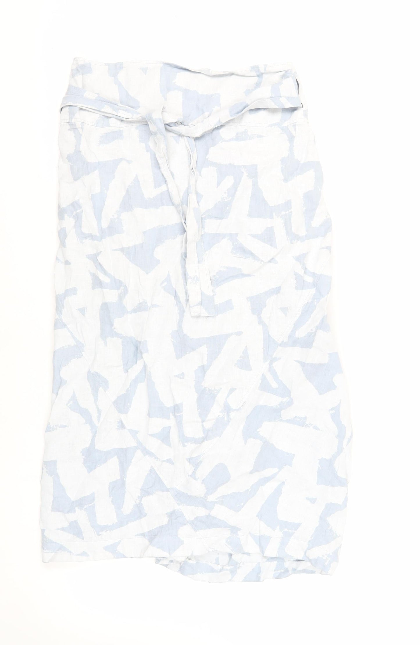 OSKA Womens Blue Geometric Linen Wrap Skirt Size 12 Tie