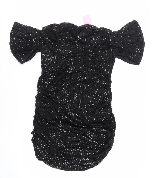 PRETTYLITTLETHING Womens Black Polyester Mini Size 20 Off the Shoulder Zip - Ruched Sequin