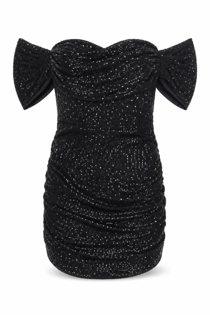 PRETTYLITTLETHING Womens Black Polyester Mini Size 20 Off the Shoulder Zip - Ruched Sequin