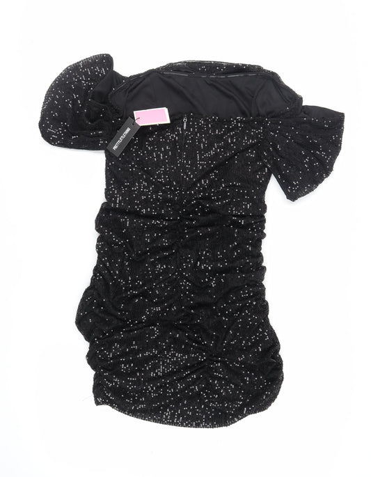 PRETTYLITTLETHING Womens Black Polyester Mini Size 20 Off the Shoulder Zip - Ruched Sequin
