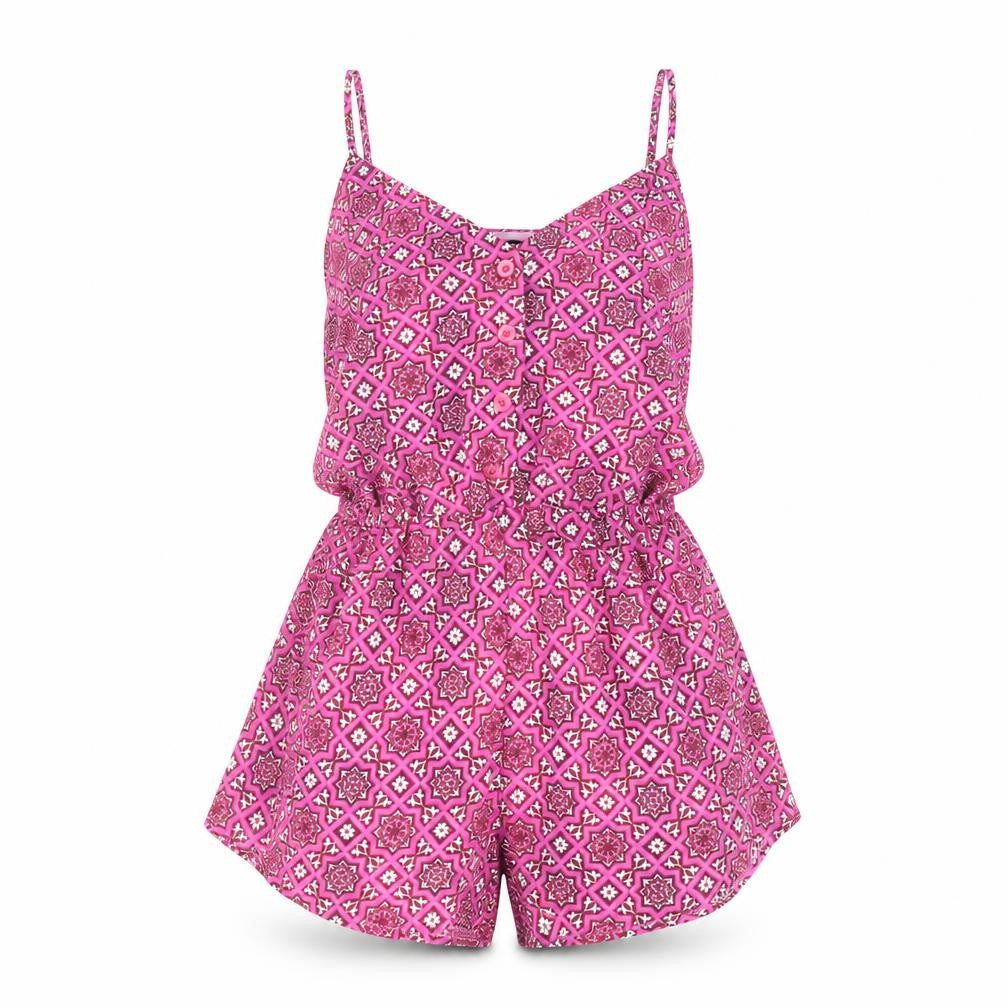 Front view of Missguided women’s pink geometric polyester playsuit one-piece, size UK 6, button - elasticated waist