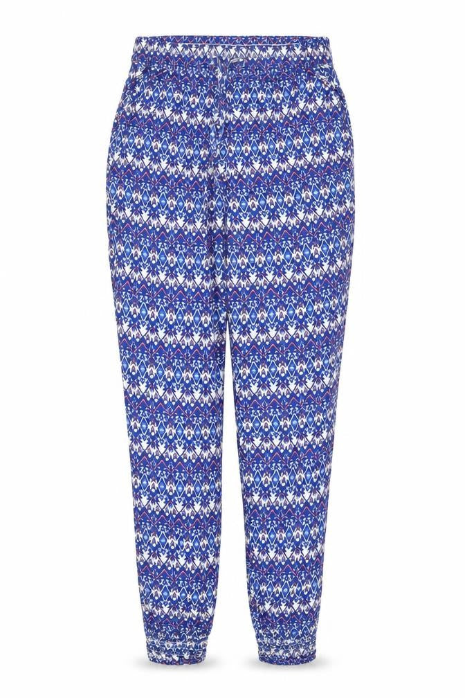 H&M Womens Blue Geometric Viscose Trousers Size 6 L28 in Regular Drawstring - Elasticated Waist