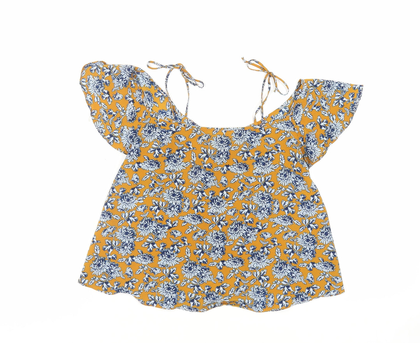 Topshop Womens Yellow Floral Polyester Basic Blouse Size 8 V-Neck - Ruffle