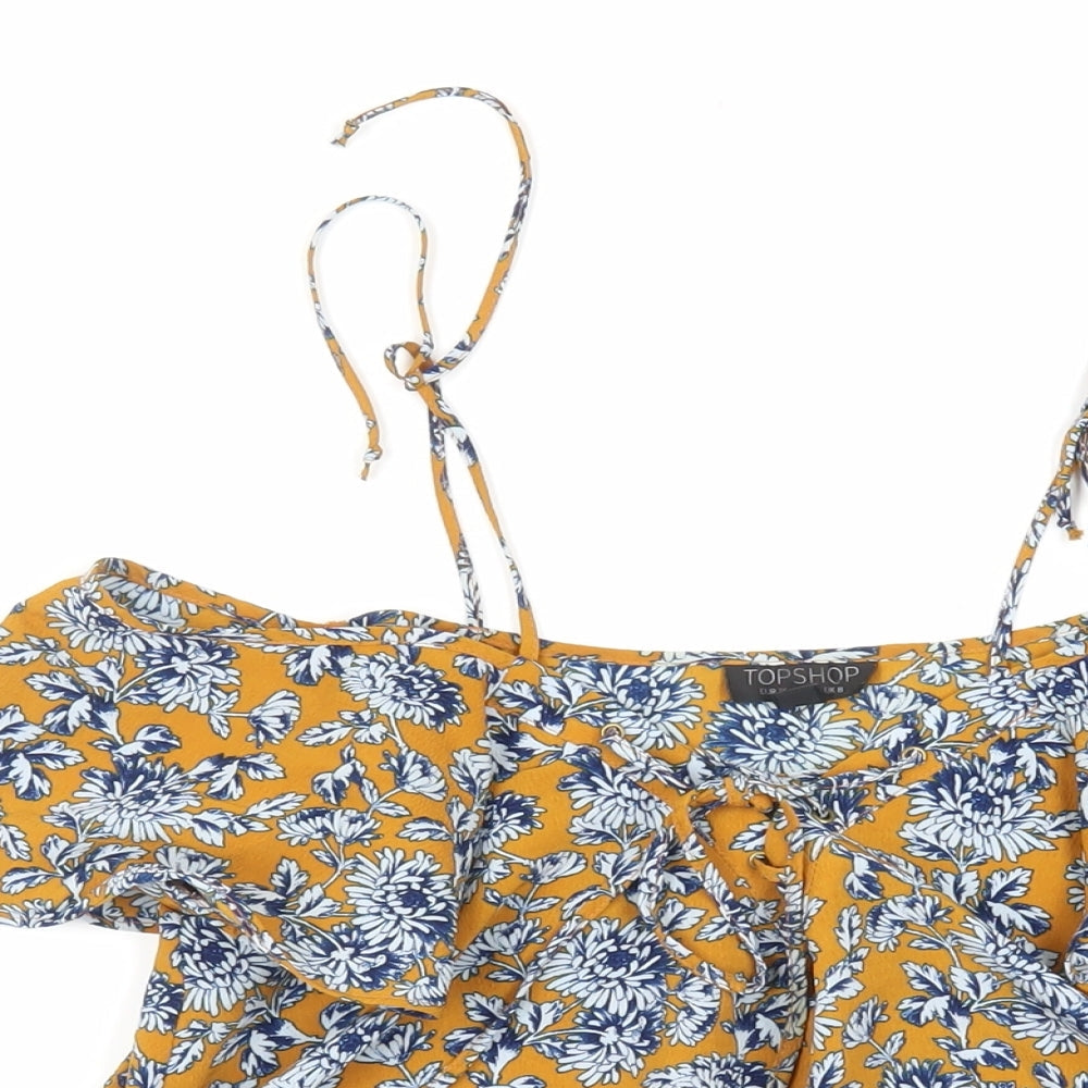 Topshop Womens Yellow Floral Polyester Basic Blouse Size 8 V-Neck - Ruffle