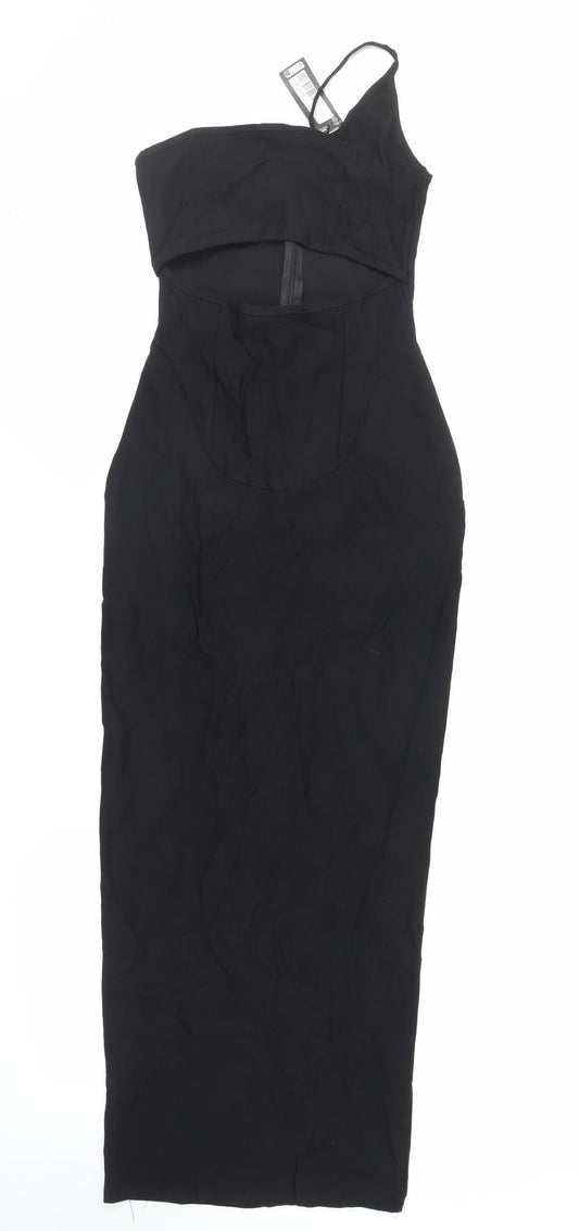 PRETTYLITTLETHING Womens Black Viscose Bodycon Size 10 One Shoulder Zip - Cut Out Detail