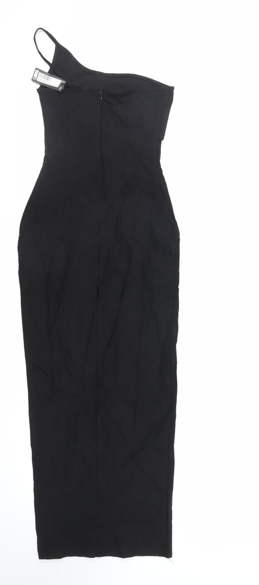 PRETTYLITTLETHING Womens Black Viscose Bodycon Size 10 One Shoulder Zip - Cut Out Detail