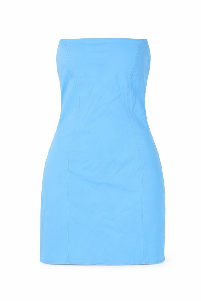 Front view of ASOS women’s blue viscose mini, size UK 10, square neck zip - strapless