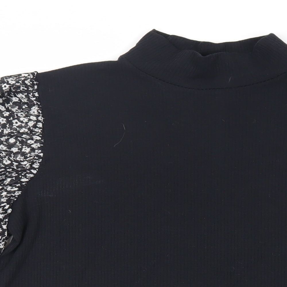 Zara Womens Black Floral Polyester Basic Blouse Size L Mock Neck - Sheer Sleeves