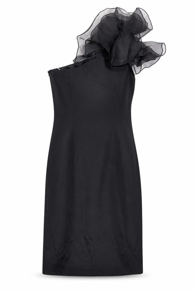 Front view of Red Herring women’s black polyester pencil dress, size UK 6, one shoulder zip - shoulder detail