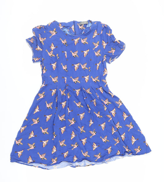Oasis Womens Blue Geometric Viscose Fit & Flare Size 10 Round Neck Zip - Bird Pattern