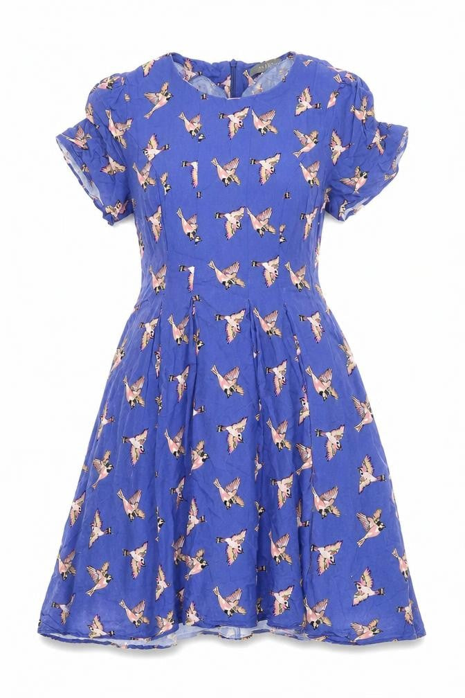 Oasis Womens Blue Geometric Viscose Fit & Flare Size 10 Round Neck Zip - Bird Pattern