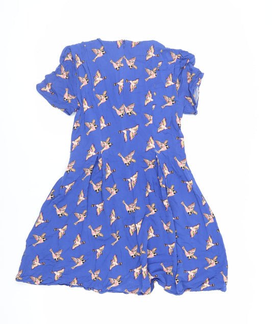 Oasis Womens Blue Geometric Viscose Fit & Flare Size 10 Round Neck Zip - Bird Pattern