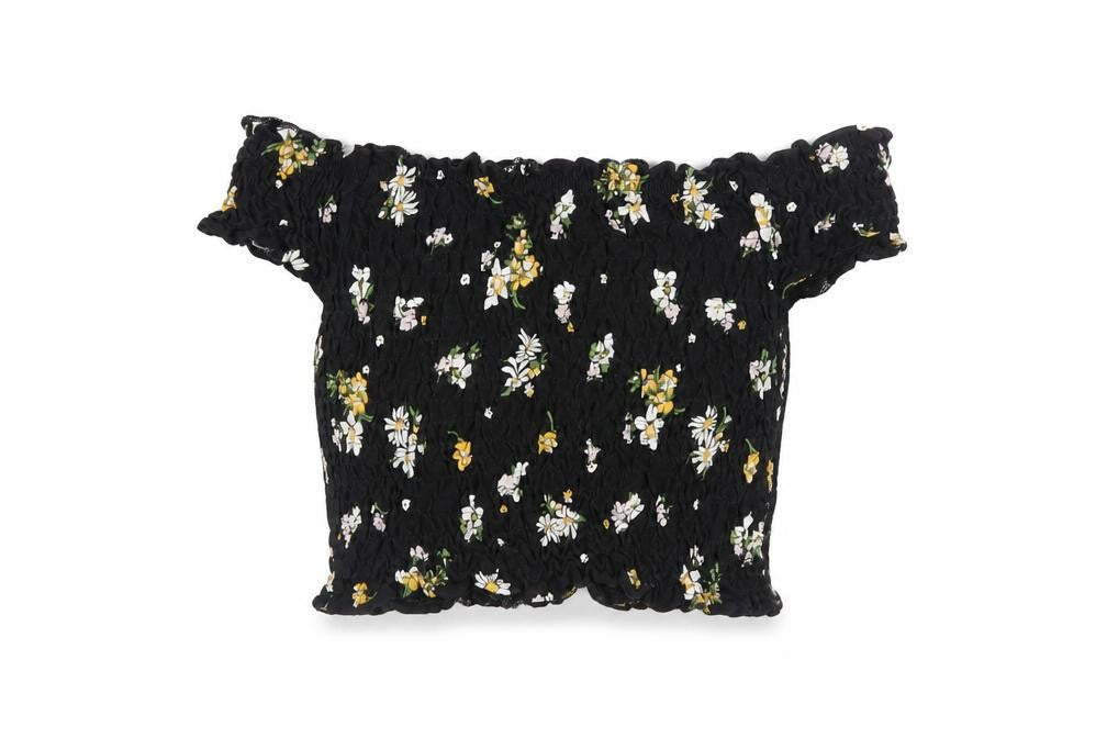 Front view of Miss Selfridge women’s black floral cotton cropped tank, size UK 8, off the shoulder - shirred