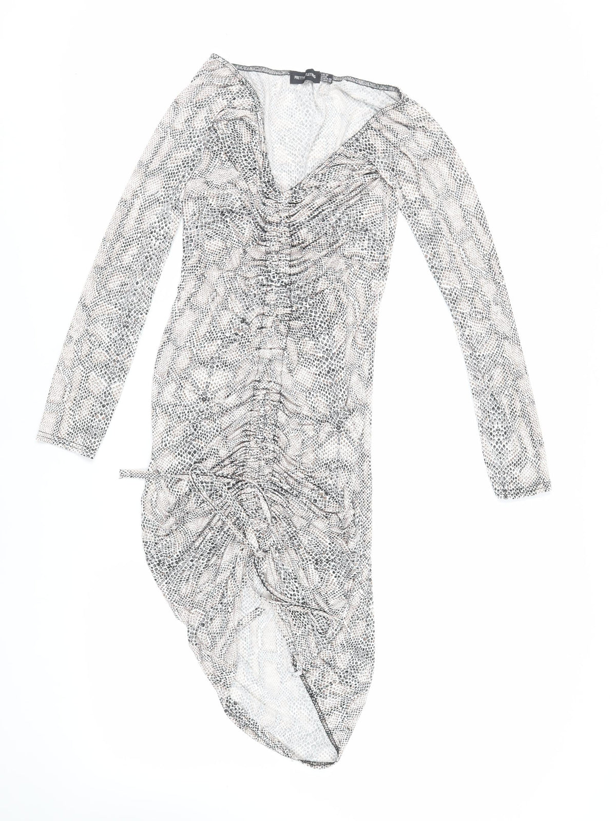 PRETTYLITTLETHING Womens Ivory Animal Print Polyester Bodycon Size 10 V-Neck Pullover - Ruched