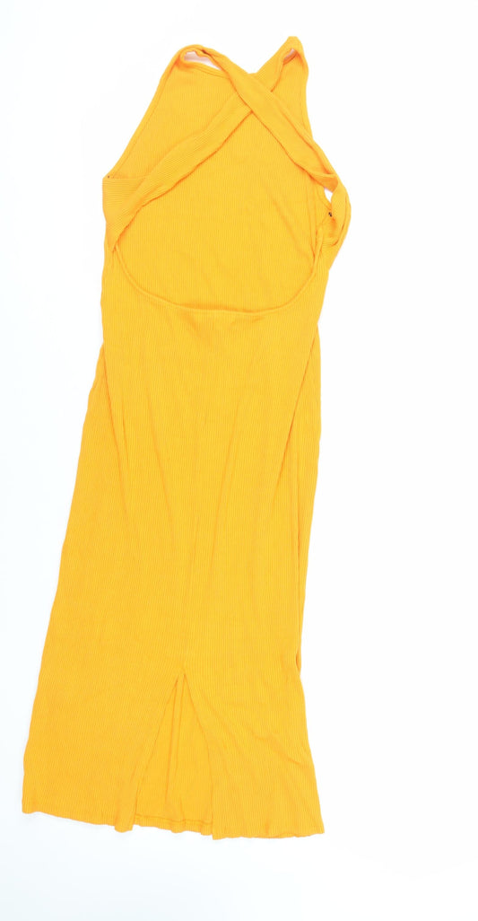 H7M Womens Orange Viscose Tank Dress Size M Round Neck Pullover - Ribbed Backless