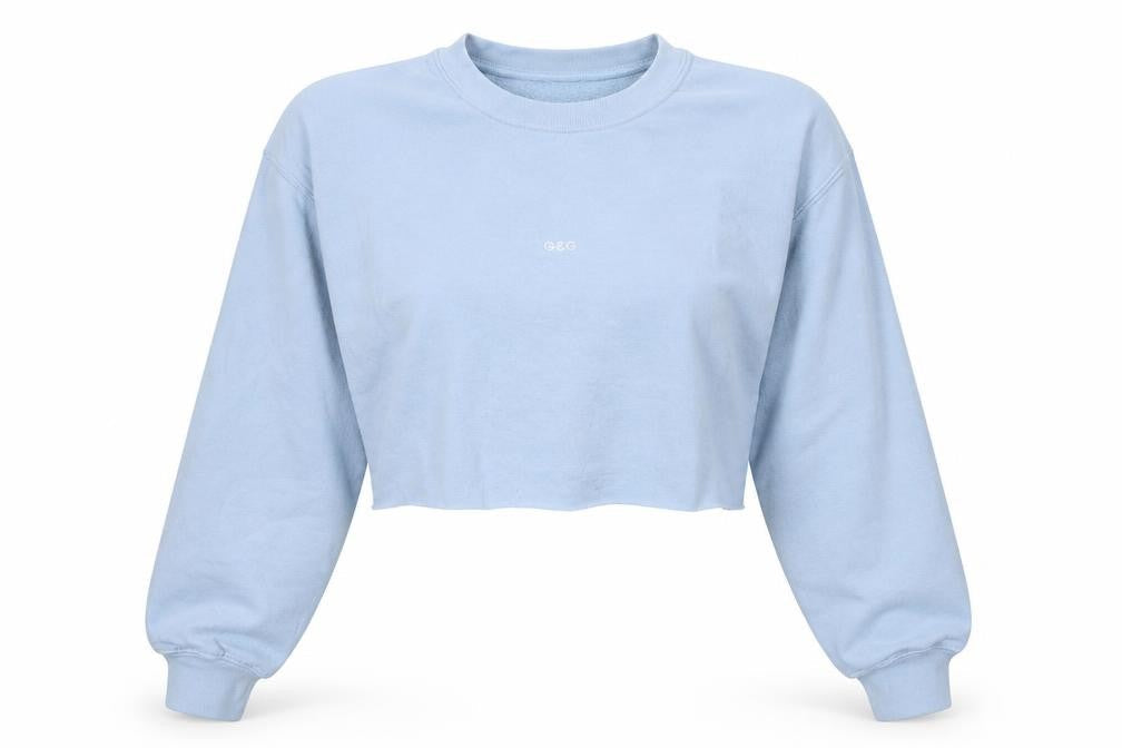 Front view of G&G women’s blue polyester pullover sweatshirt, size S, pullover