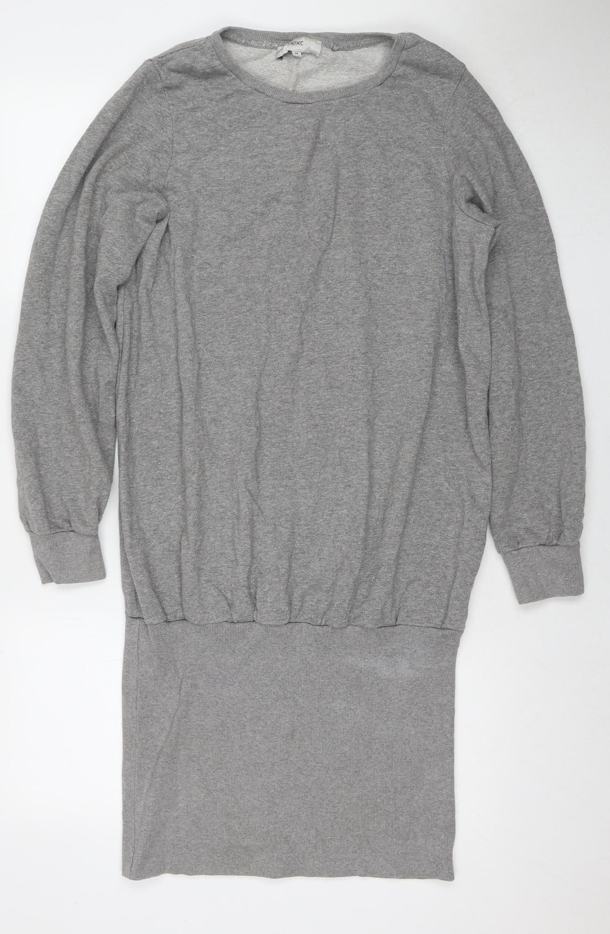 Next Womens Grey Cotton Jumper Dress Size 14 Round Neck Pullover