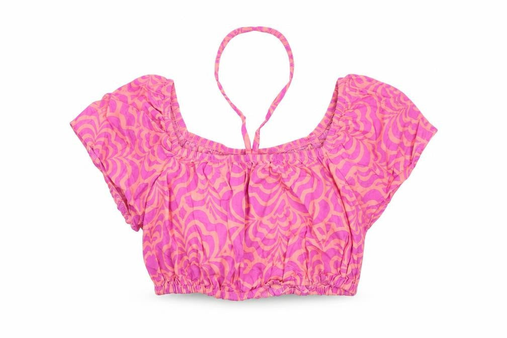 Front view of Zara girls’ pink geometric cotton cropped blouse, size 10, years round neck pullover